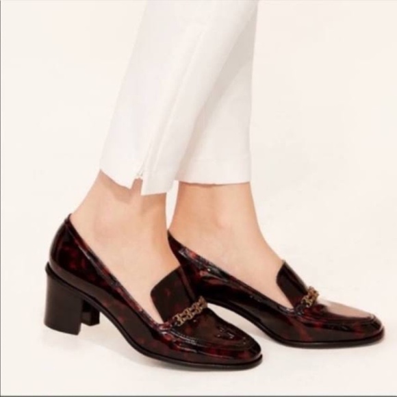 Tory Burch Tortoise Patent Mid Heel Loafers Size 9.5 Preppy ~ Winter ~ EUC! - Picture 1 of 7